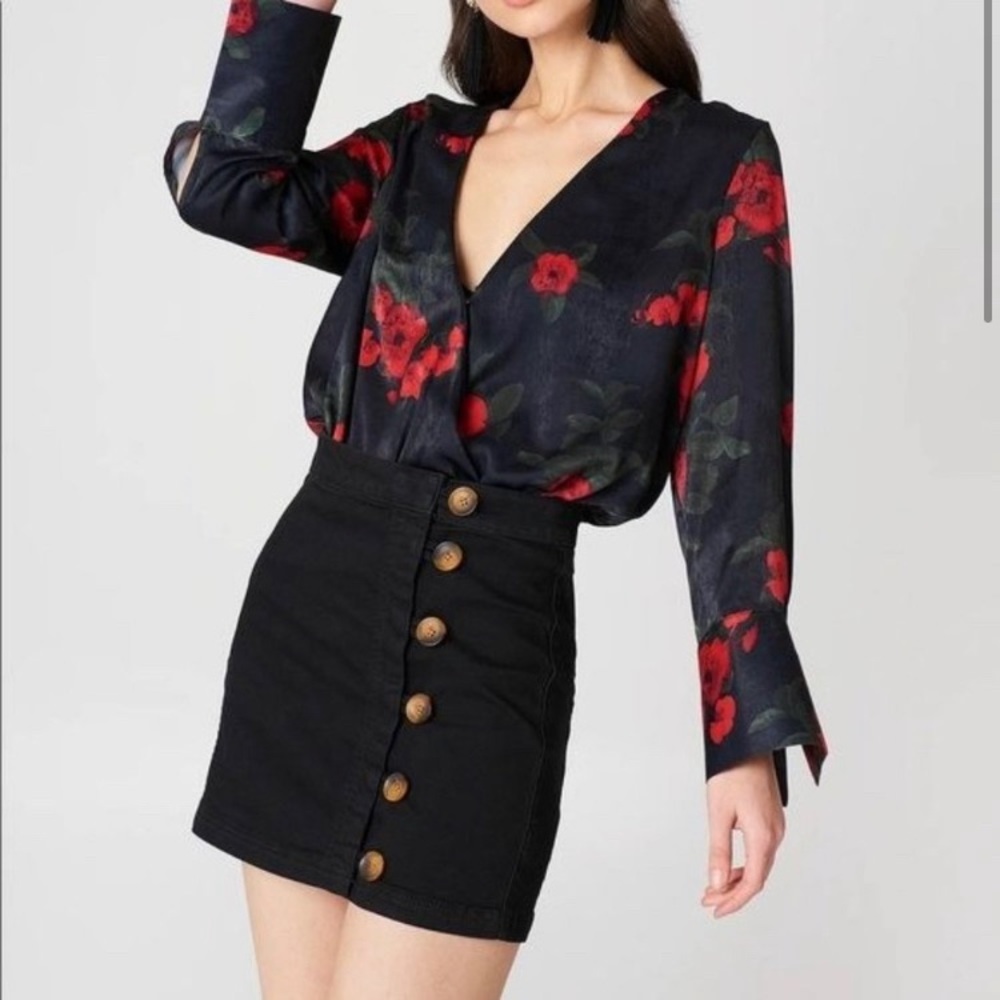 Free People Little Daisies Black Button-Front Mini Skirt